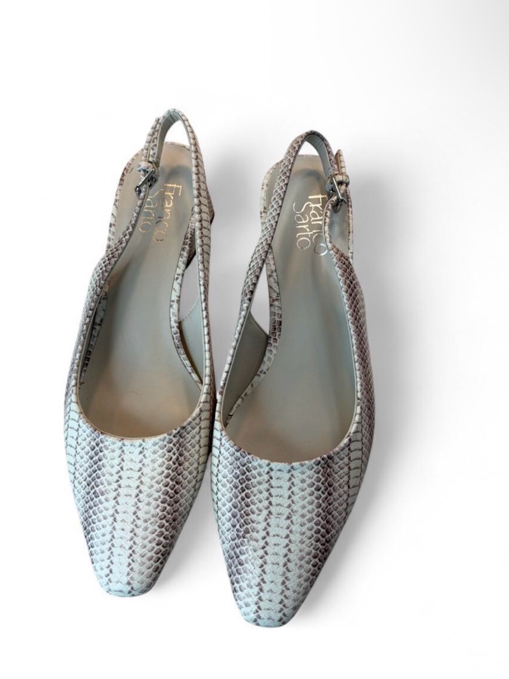 Franco Sarto Women's Snake-Print Slingback Flats in Gray and Cream